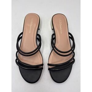 BCBG NWOT Black Strappy‎ Flats Slides Sandals Gold Metallic Heel, Size 7.5